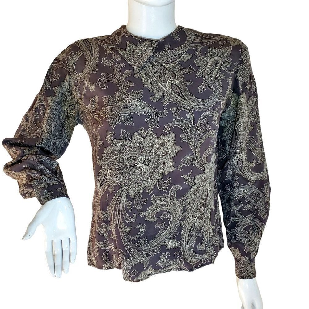 1980s Gray Silk Blouse Jones NY Petite Top Paisley Cover Button Collared Women 6